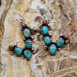 Southwest Desert Prickly Pear Cactus Earrings Turquoise & Coral Sterling Silver